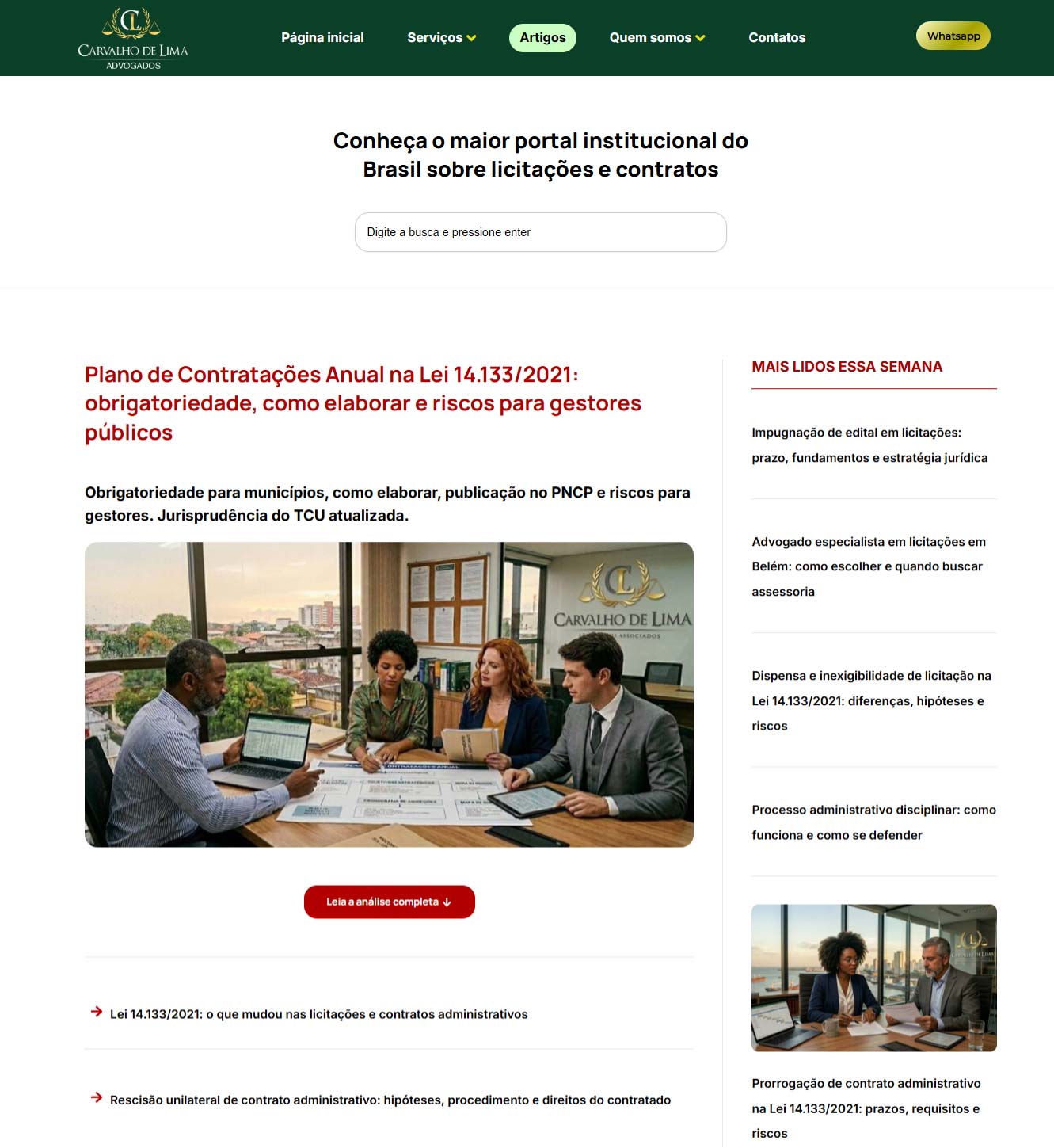 Página de listagem do portal do Carvalho de Lima Advogados, com artigo em destaque e coluna de mais lidos