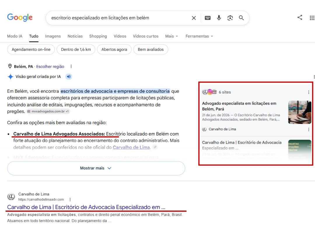 Busca no Google por escritório especializado em licitações em Belém, com o Carvalho de Lima na Visão Geral por IA e no primeiro resultado orgânico