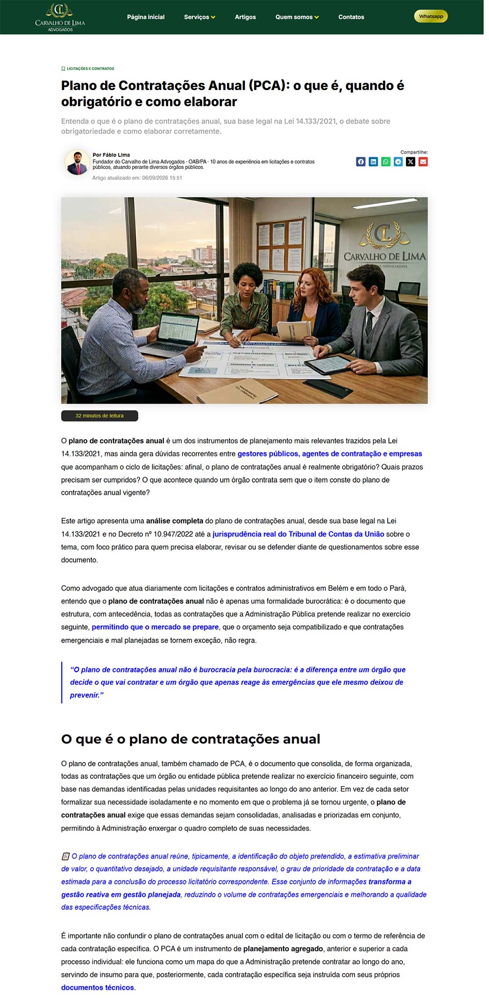 Página de um artigo do portal do Carvalho de Lima Advogados, com extensão e estrutura completas