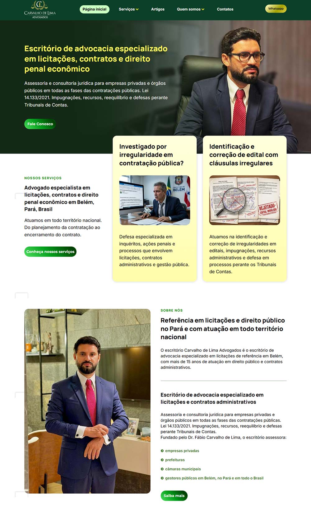 Página inicial completa do site do Carvalho de Lima Advogados, estruturado pela operação da MAB
