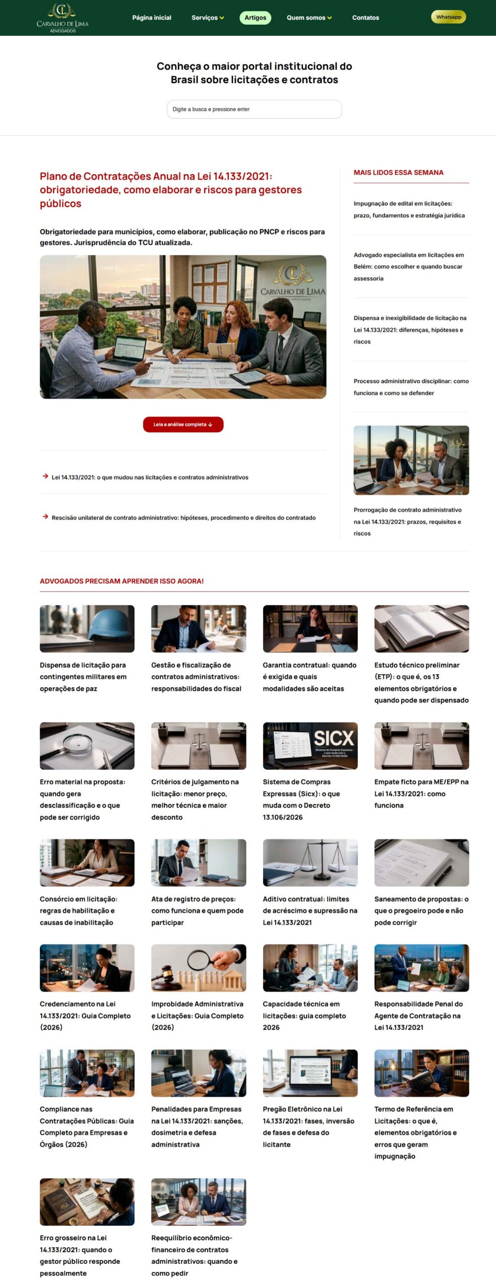 Portal de artigos do Carvalho de Lima Advogados com a grade de conteúdos publicados